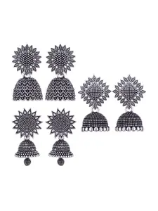 MEENAZ Set Of 3 Silver Plated Oxidised Dome Shaped Stainless Steel Jhumkas