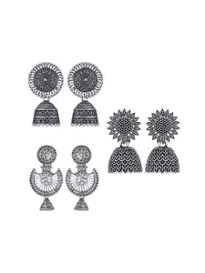 MEENAZ Set Of 3 Silver Plated Stone Studded & Beaded Oxidised Peacock Shaped Jhumkas