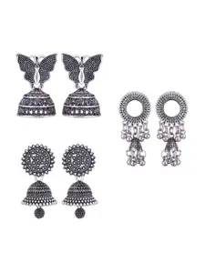 MEENAZ Set Of 3 Silver-Plated Stainless Steel Oxidised Contemporary Jhumkas