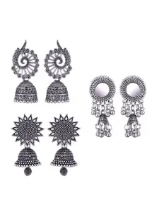 MEENAZ Set Of 3 Silver-Plated Dome Shaped Oxidised Jhumkas