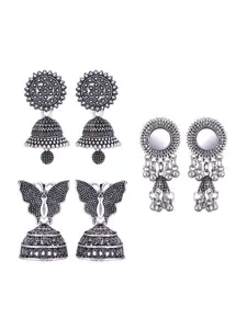 MEENAZ Set Of 3 Peacock Shaped Silver-Plated Jhumkas