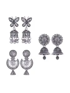 MEENAZ Set Of 3 Silver-Plated Dome Shaped Stainless Steel Jhumkas