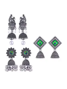 MEENAZ Set Of 3 Silver Plated Peacock Shaped Oxidised Jhumkas
