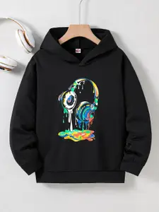 StyleCast Boys Black Graphic Printed Hooded Ribbed Pullover Sweatshirt