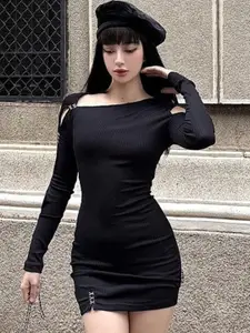 StyleCast Black Ribbed Asymmetric Neck Bodycon Mini Dress