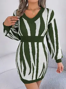 StyleCast Green V-Neck Abstract Printed Acrylic Sheath Mini Dress
