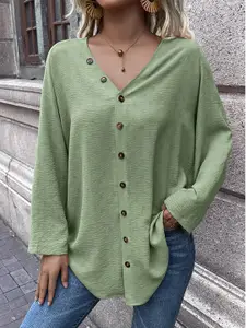 StyleCast Green Collarless Opaque Longline Casual Shirt
