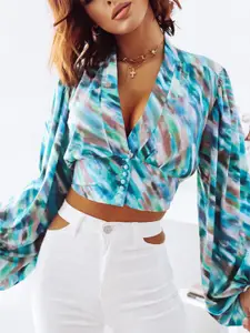 StyleCast Blue Abstract Printed Puff Sleeves Smocked Crop Shirt Style Top
