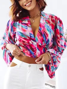 StyleCast Purple Abstract Printed Puff Sleeves Smocked Crop Shirt Style Top