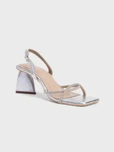 20Dresses Silver-Toned Embellished Square Toe Block Heels