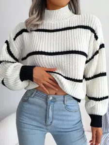 StyleCast White & Black Striped Crop Acrylic Pullover Sweater