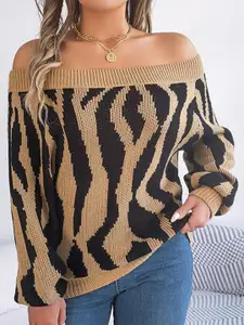 StyleCast Women Khaki Cable Knit Printed Pullover