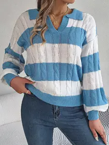 StyleCast Women Blue Cable Knit Printed Pullover