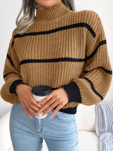 StyleCast Khaki Cable Knit Striped Turtle Neck Ribbed Acrylic Crop Pullover