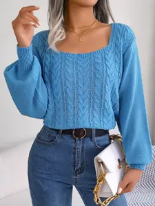 StyleCast Blue Cable Knit Self Design Scoop Neck Ribbed Acrylic Pullover