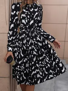 StyleCast Black Abstract Printed Round Belted Neck Fit & Flare Dress