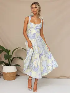 StyleCast Blue Floral Printed Sweetheart Neck A-Line Midi Dress