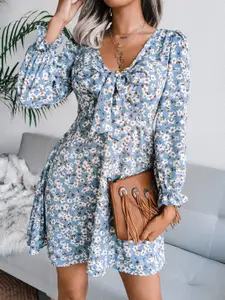 StyleCast Blue Floral Printed Tie-Up Neck Puff Sleeves A-Line Mini Dress