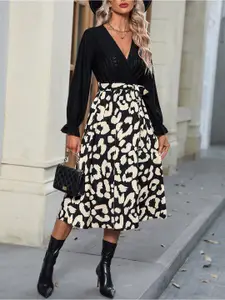 StyleCast Black Abstract Printed Fit and Flare Midi Dress