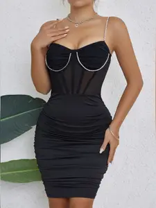 StyleCast Black Shoulder Straps Lace Inserts Bodycon Mini Dress