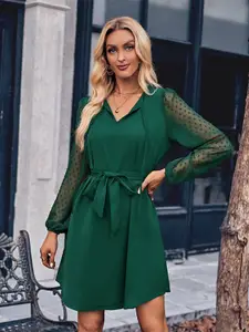 StyleCast Green Tie-Up Neck Puffed Sleeves A-Line Dress