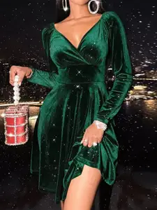 StyleCast Green V-Neck A-Line Mini Dress
