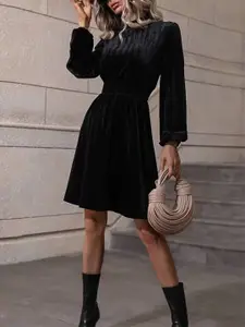 StyleCast Black Self Design Puff Sleeves Fit & Flare Dress