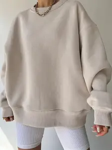 StyleCast Beige Round Neck Oversized Sweatshirt