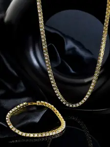AQUASTREET Men Gold-Plated Zircon-Studded HipHop Tennis Chain & Bracelet
