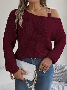 StyleCast Women Maroon Cable Knit Pullover with Belted Detail