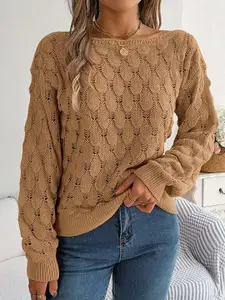 StyleCast Khaki Self Design Open Knit Pullover Acrylic Sweater