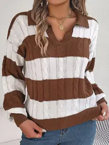 StyleCast Women Brown Cable Knit Printed Pullover