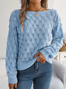StyleCast Blue Self Design Open Knit Pullover Acrylic Sweater
