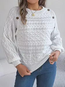 StyleCast White Self Design Cable Knit Long Sleeves Acrylic Pullover