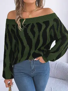 StyleCast Green Abstract Printed Off-Shoulder Long Sleeves Acrylic Pullover Sweater