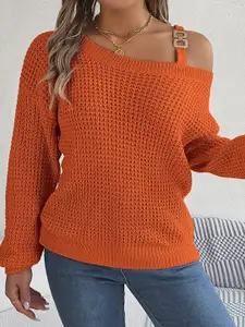 StyleCast Orange Cable Knit Asymmetric Neck Long Sleeves Acrylic Pullover Sweater