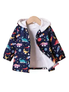 StyleCast Boys Navy Blue Conversational Printed Hooded Bomber Jacket