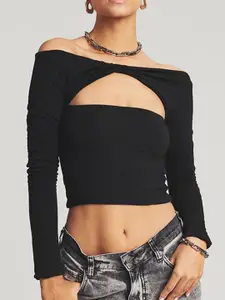 StyleCast Black Extended Sleeves Off Shoulder Cut-Out Detail Fitted Crop Top