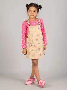 Zalio Girls Floral Printed Cotton Pinafore Dress With Tshirt