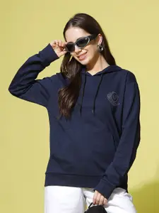 9shines Label Women Navy Blue Hooded Sweatshirt