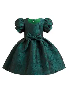 StyleCast Girls Green Self Design Sweetheart Neck Puff Sleeve Bow Balloon Dress
