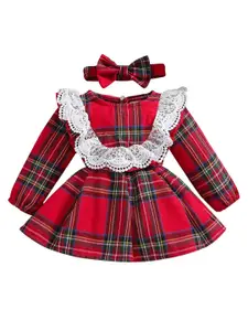 StyleCast Girls Red Checked Lace Inserted Cotton Fit & Flare Mini Dress with Hairband