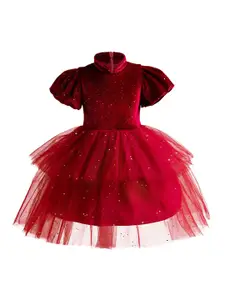StyleCast Girls Red Embellished High Neck Puff Sleeves Gathered Fit and Flare Dress