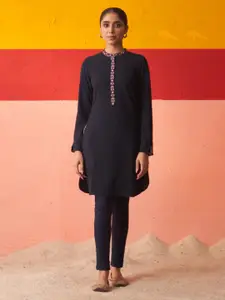 Lakshita Self Design Yoke Design Thread Work Details Mandarin Collar Woollen Kurta