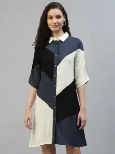 DEEBACO Coloblocked Fit & Flare Midi Shirt Style Dress