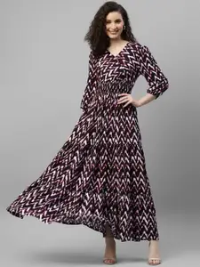 DEEBACO Chevron Printed V-Neck Puff Sleeves Gathered Tiered Fit & Flare Maxi Dress