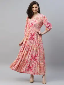 DEEBACO Floral Printed Puff Sleeve Tiered Smocked Fit & Flare Maxi Dress