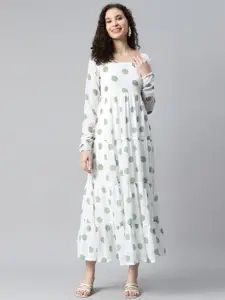 DEEBACO Polka Dot Printed Tiered Georgette Fit & Flare Maxi Dress