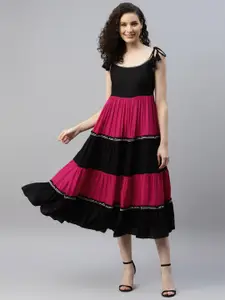 DEEBACO Colourblocked Tiered Fit & Flare Midi Dress