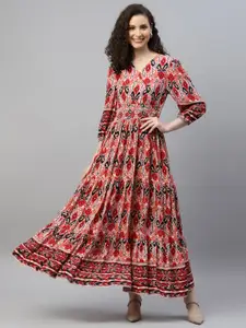 DEEBACO Floral Printed Puff Sleeves Maxi Dress